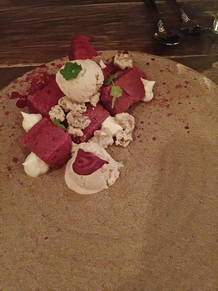 red velvet beet cake, walnut ice cream, whipped cream cheese, candied walnuts and beet chips